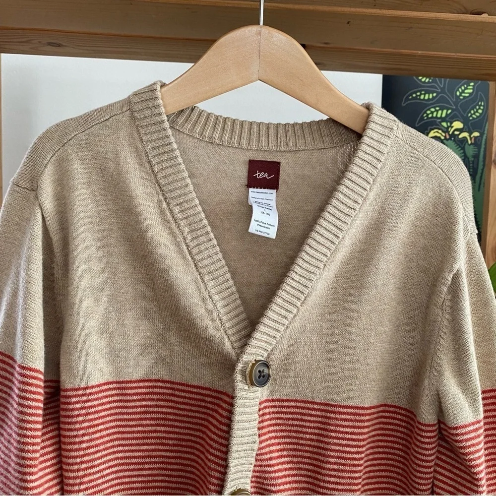 Tea Collection Tan Red Stripe Pima Cotton Cardigan Sweater